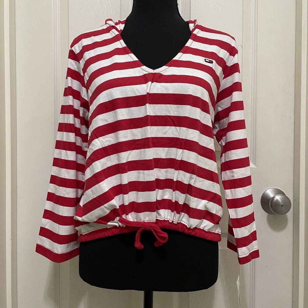 Tommy Hilfiger Red & White Striped V-Neck Hoodie Top